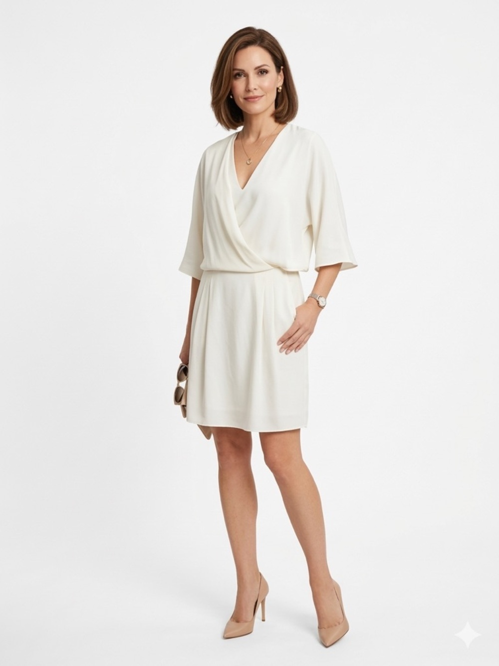 Halston Heritage Ivory Draped V Neck Batwing Sleeve Cocktail Dress Size 6